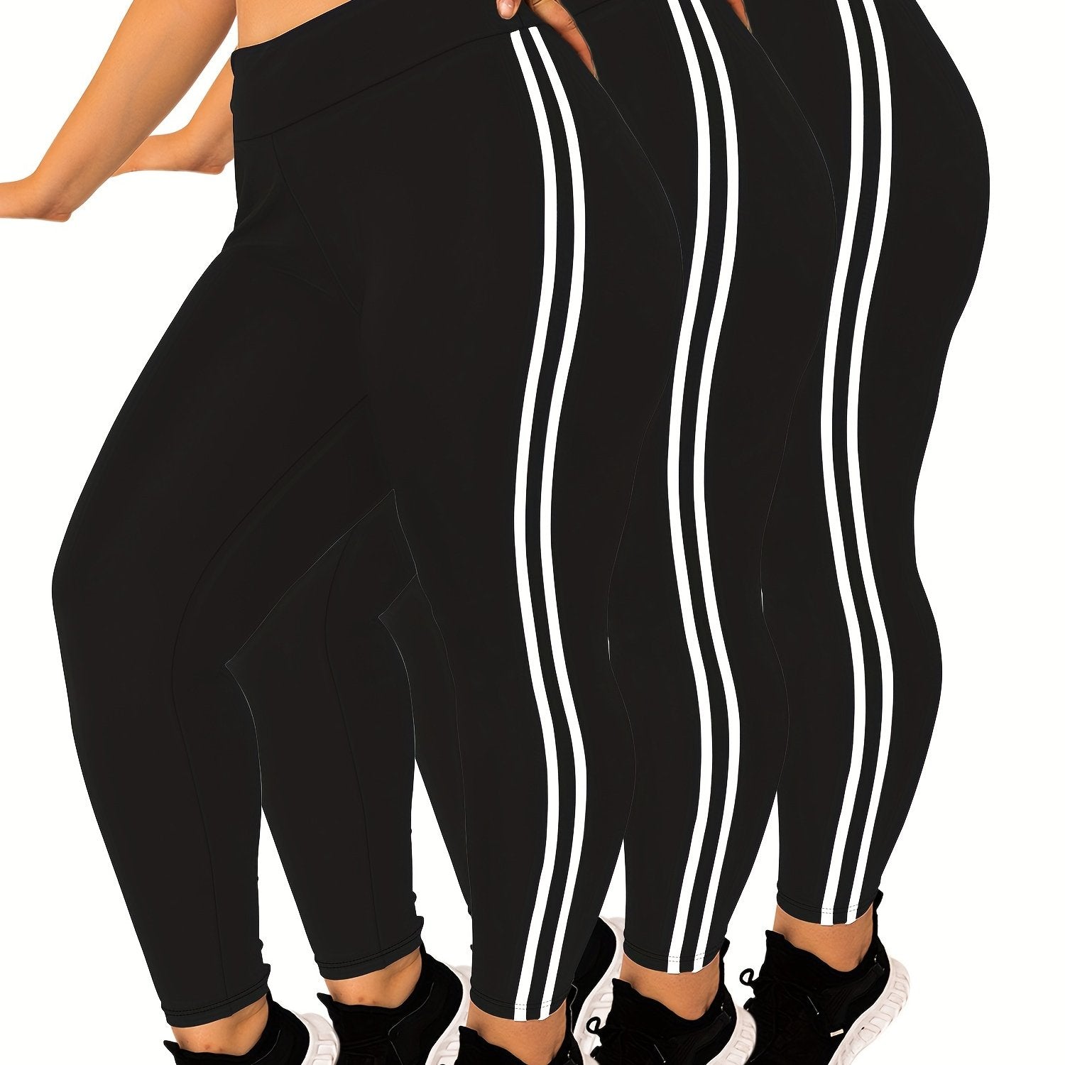 Plus Size High Waist Skinny Leggings Polyester Knit Solid Color Side Stripes All-Season Yoga Pants