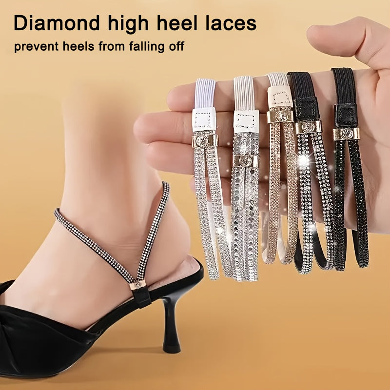 Women Rhinestone Heel Clips Elastic Faux Leather Non-Slip Laces 2 Pairs