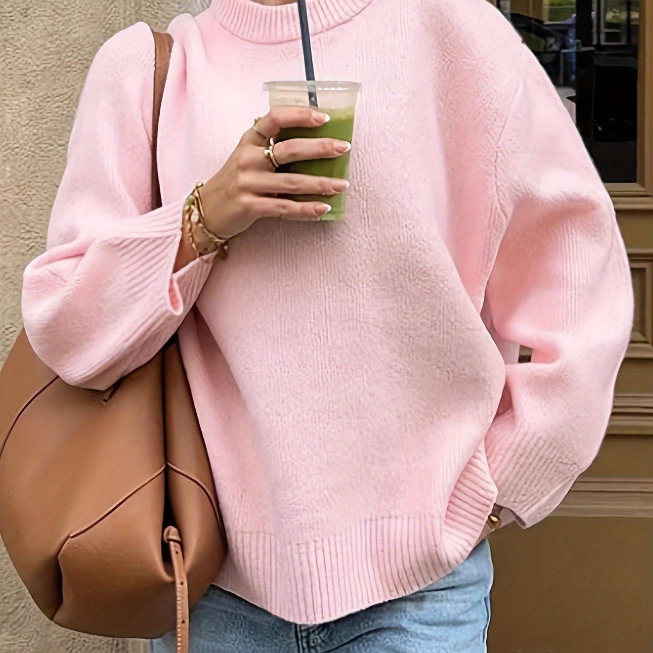 Plus Size Oversized Polyester Crewneck Sweater Casual Pullover All-Season Solid Color