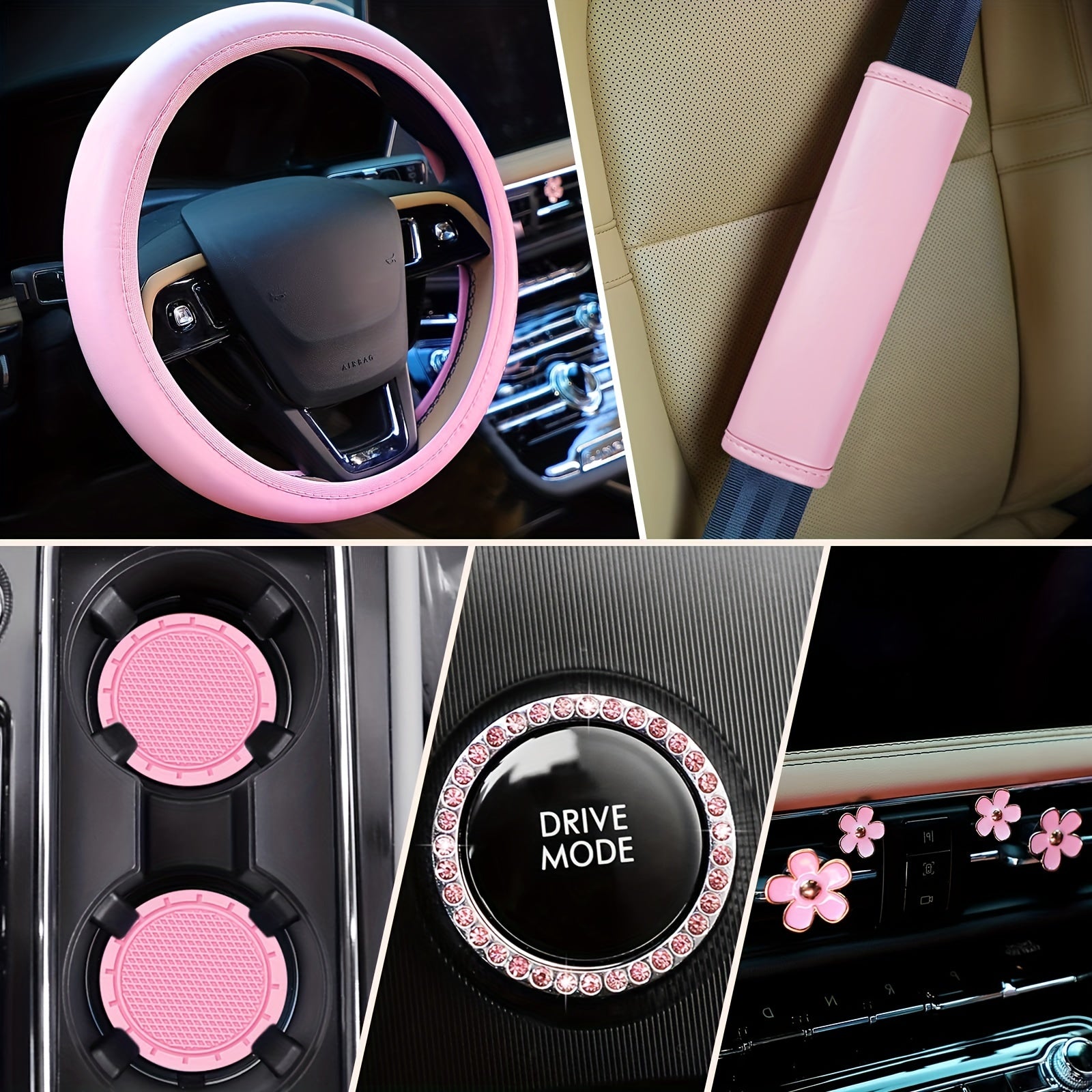 Conjunto de fundas de volante de cuero rosa para mujeres con fundas para cinturón de seguridad y bling