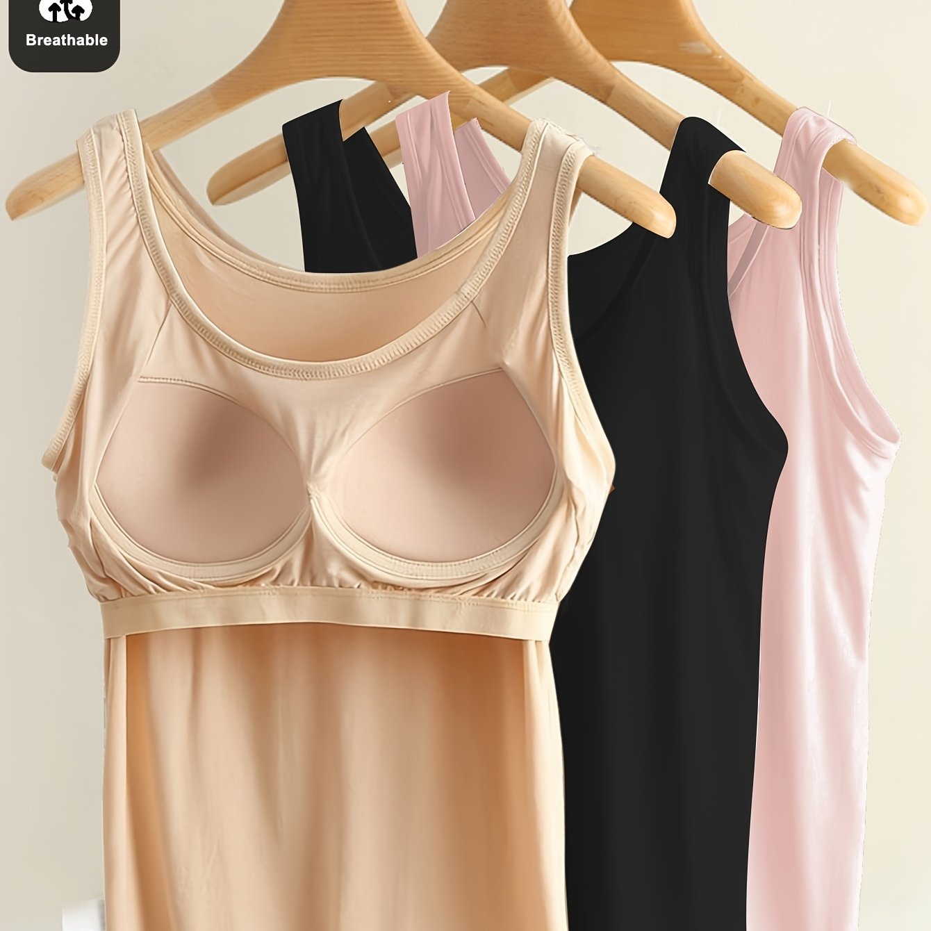 Women's Plus Size Soft Stretch Tank Tops with Built-In Bras Solid Color Pack of 3