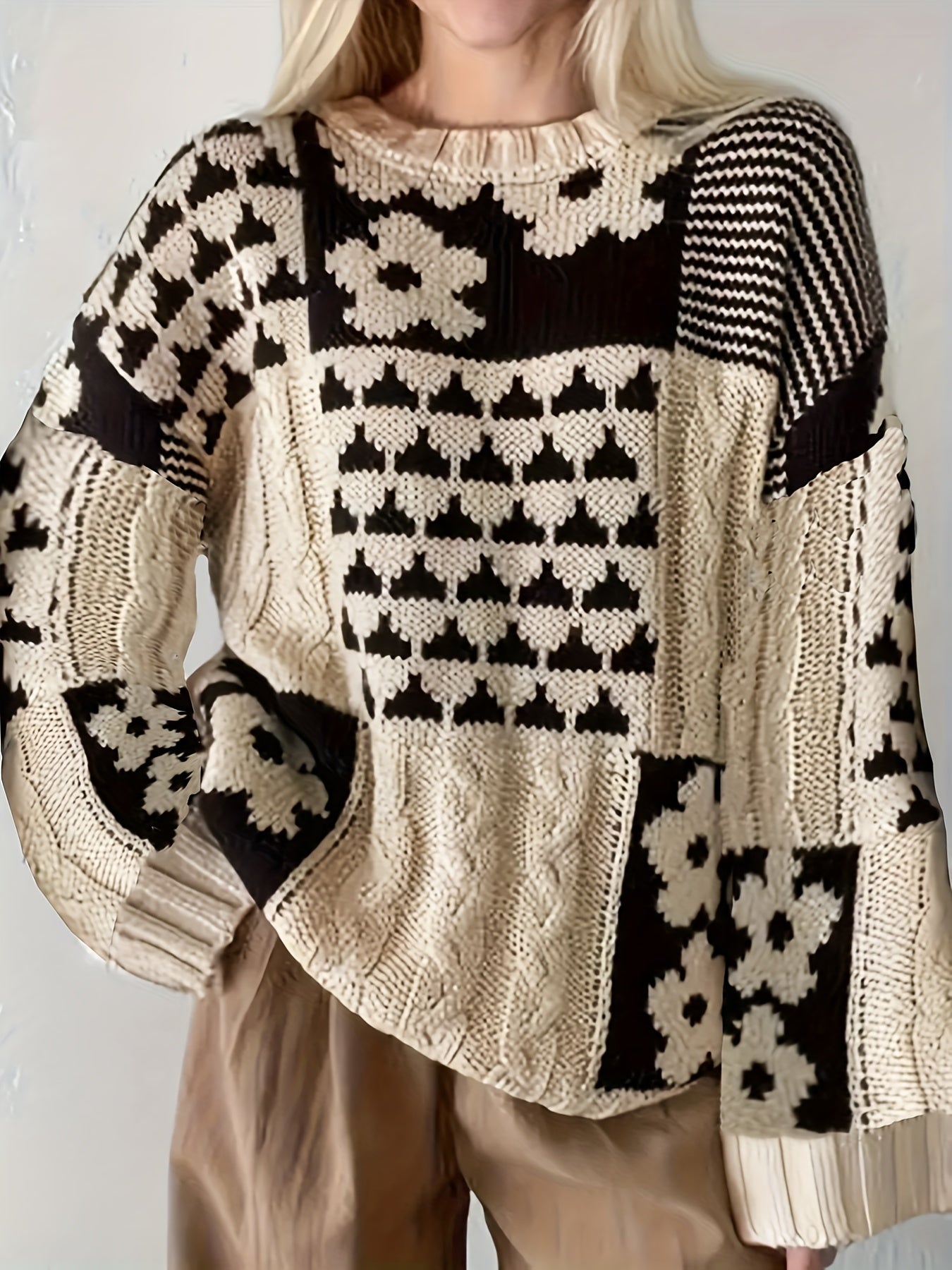 Женский свитер больших размеров с геометрическим узором, длинные рукава, круглый вырез, осень, повседневный