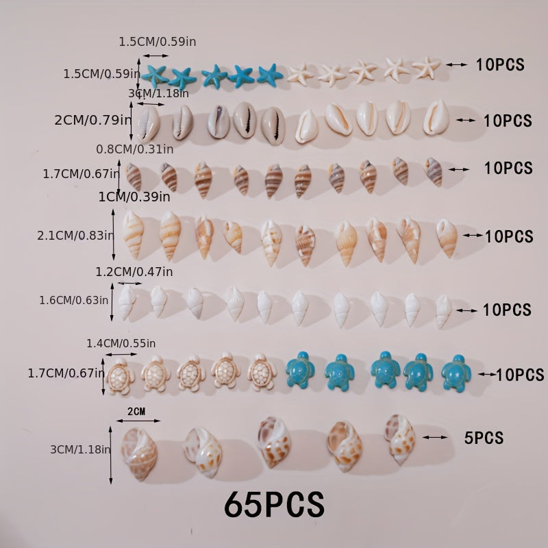Set of 65 Natural Shell Charms for Jewelry Making Includes Shells Starfish Turtle and Hand-Drilled Holes
