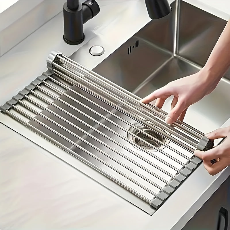 Stainless Steel Roll-Up Dish Drying Rack for Sink, Foldable Kitchen Utility Storage