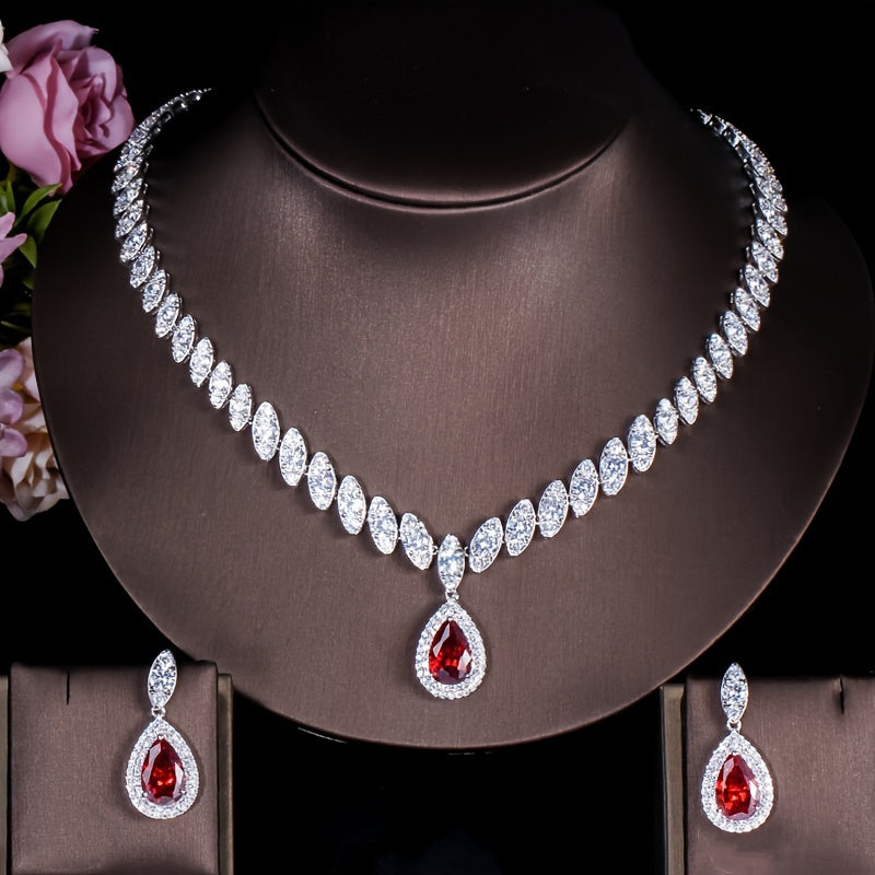 Women’s Jewelry Set with Waterdrop Pendant Necklace and Dangle Earrings Synthetic Zirconia for Weddings and Parties