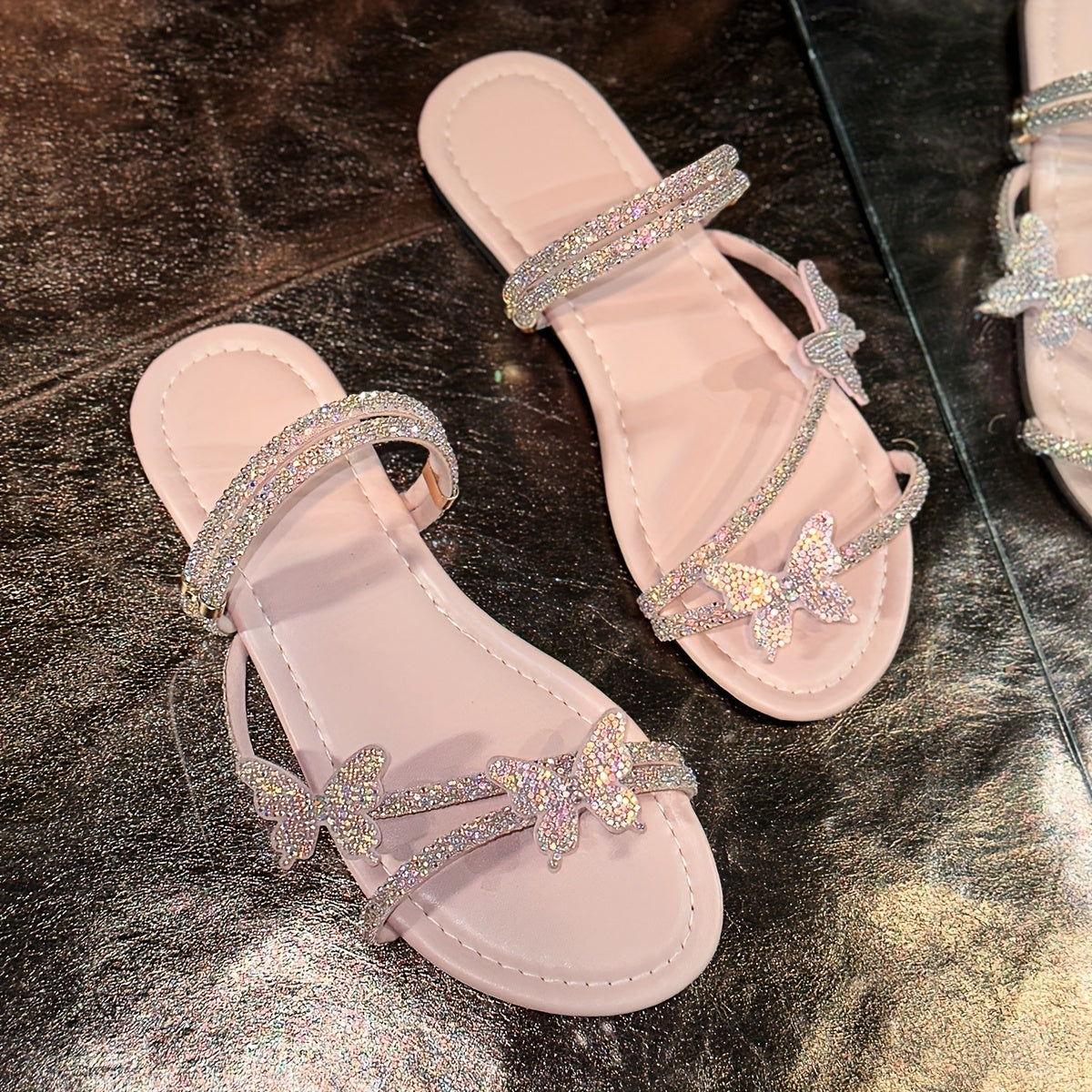 Women's Rhinestone Butterfly Flat Sandals Pink White Summer Wedding Shoes