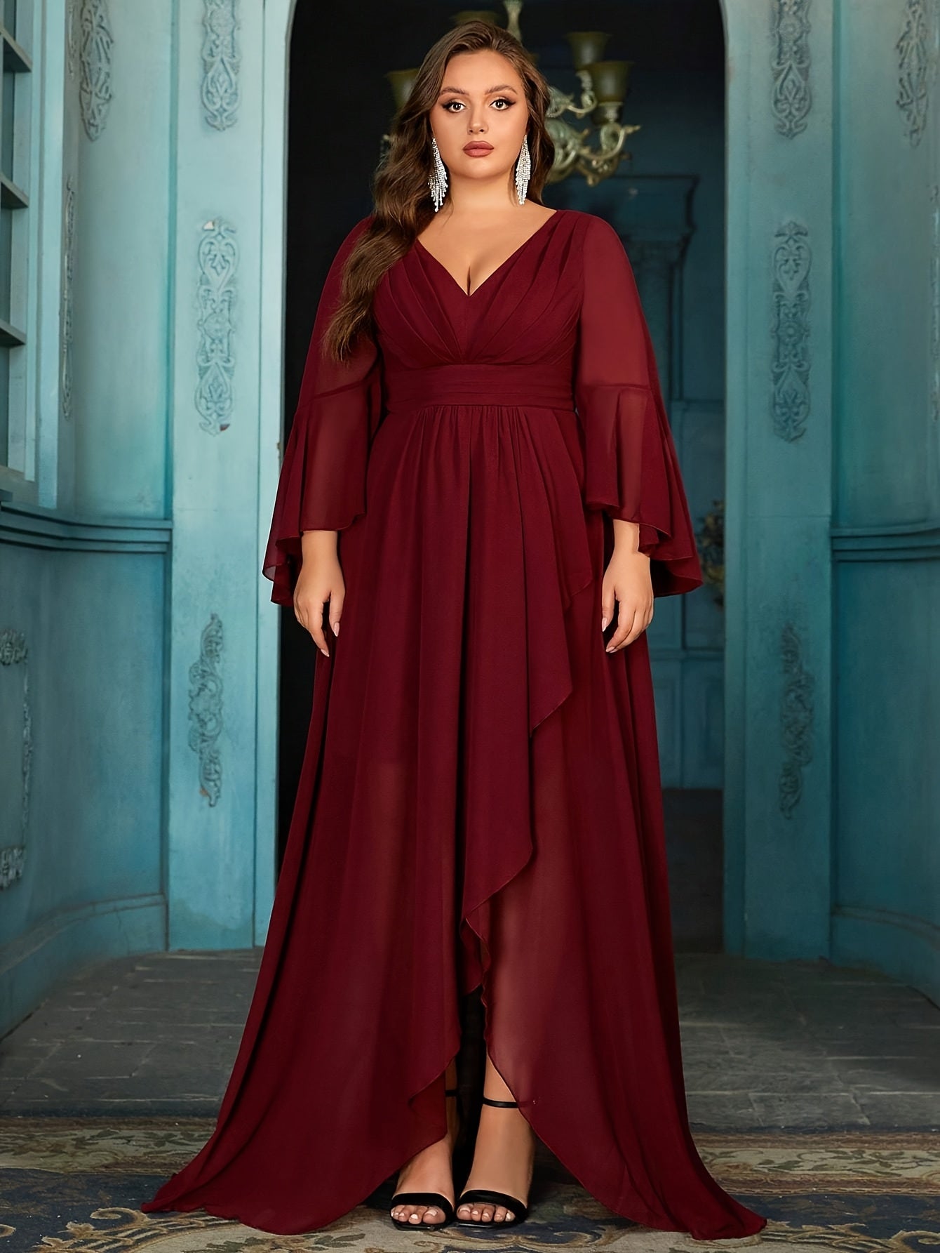 Plus Size Maroon V-Neck Flared Sleeve Formal Dress with Side Slit