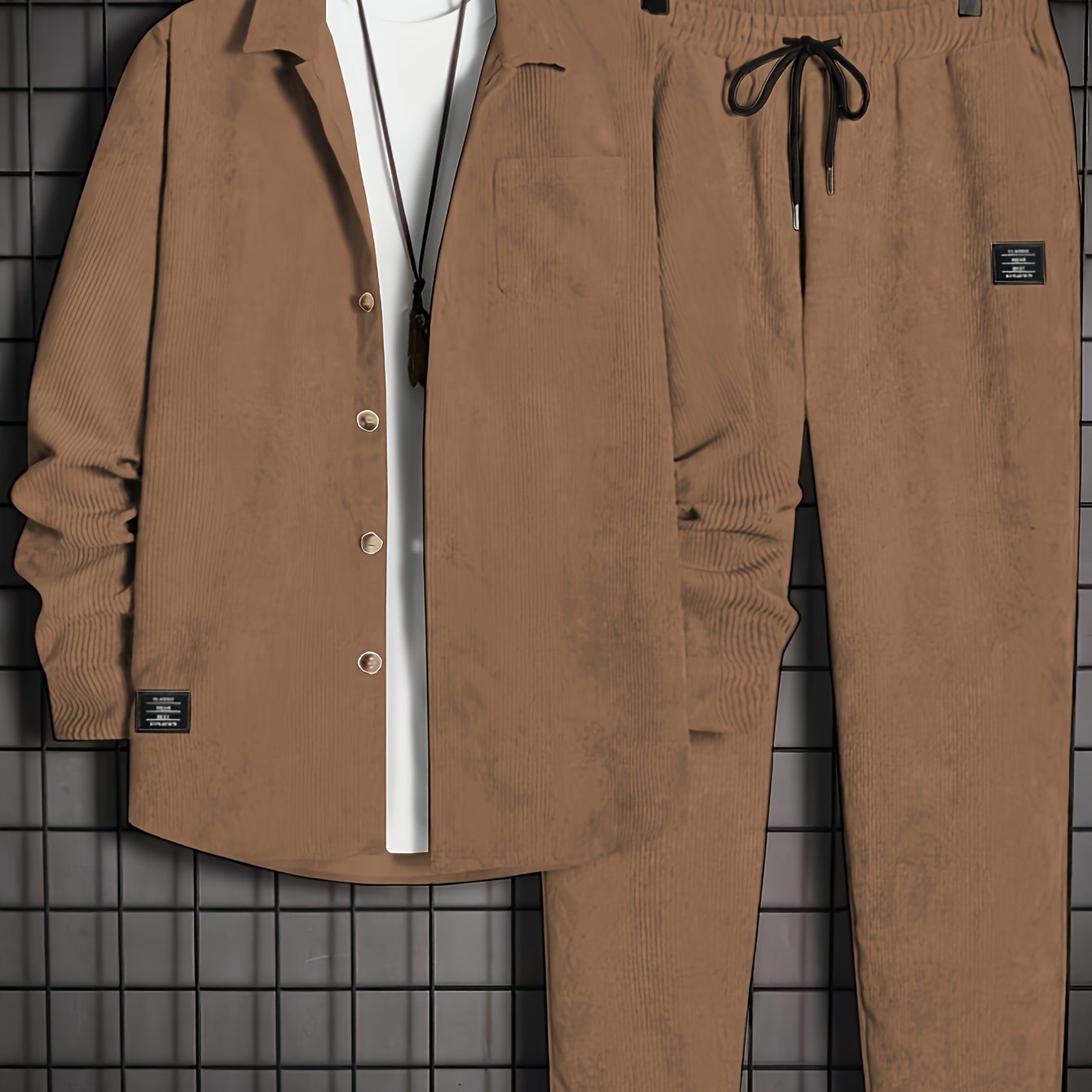 Conjunto casual de pana para hombre, camisa de manga larga con botones y pantalones con cordón para otoño e invierno