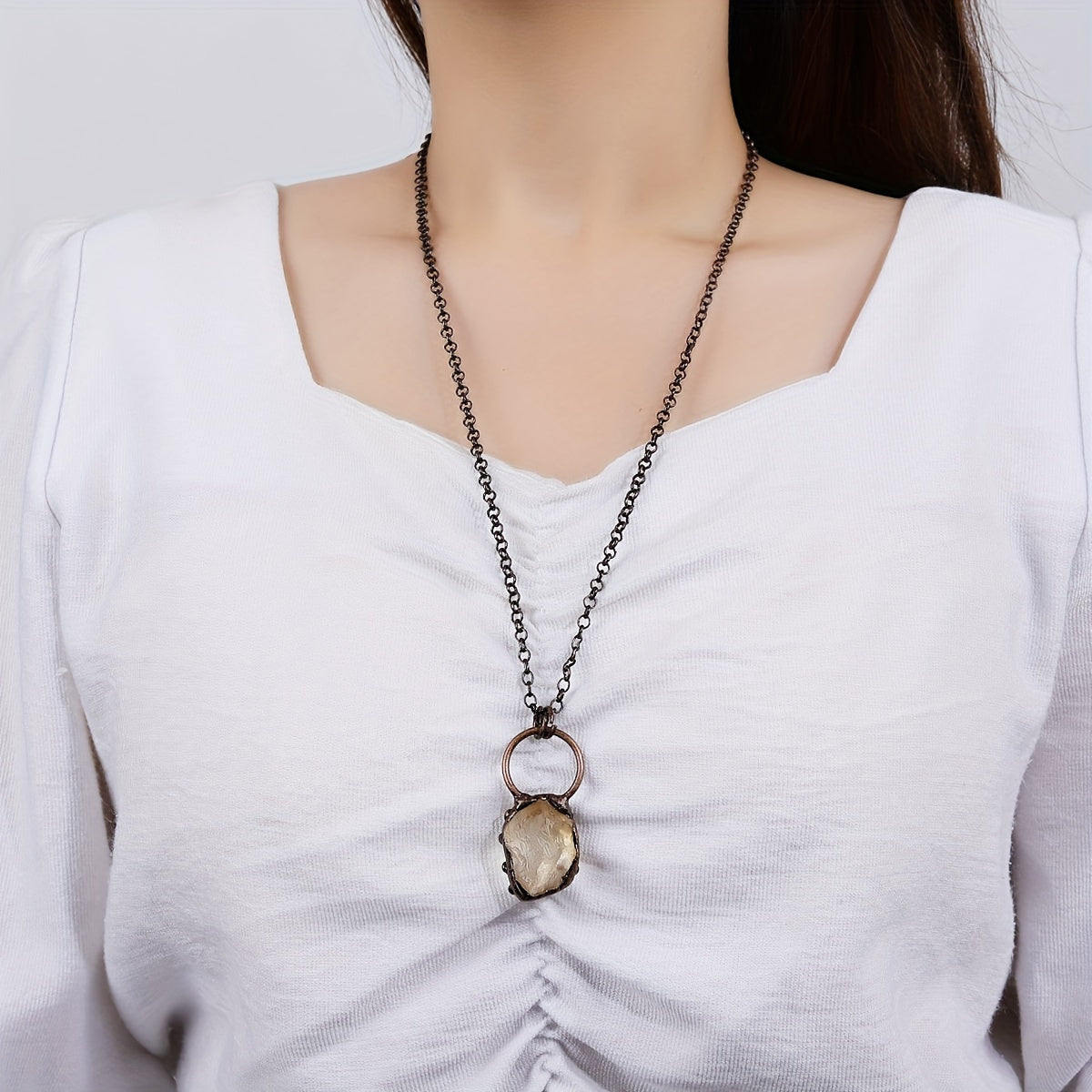 Natural Stone Pendant Necklace for Women Vintage Copper Jewelry Gift