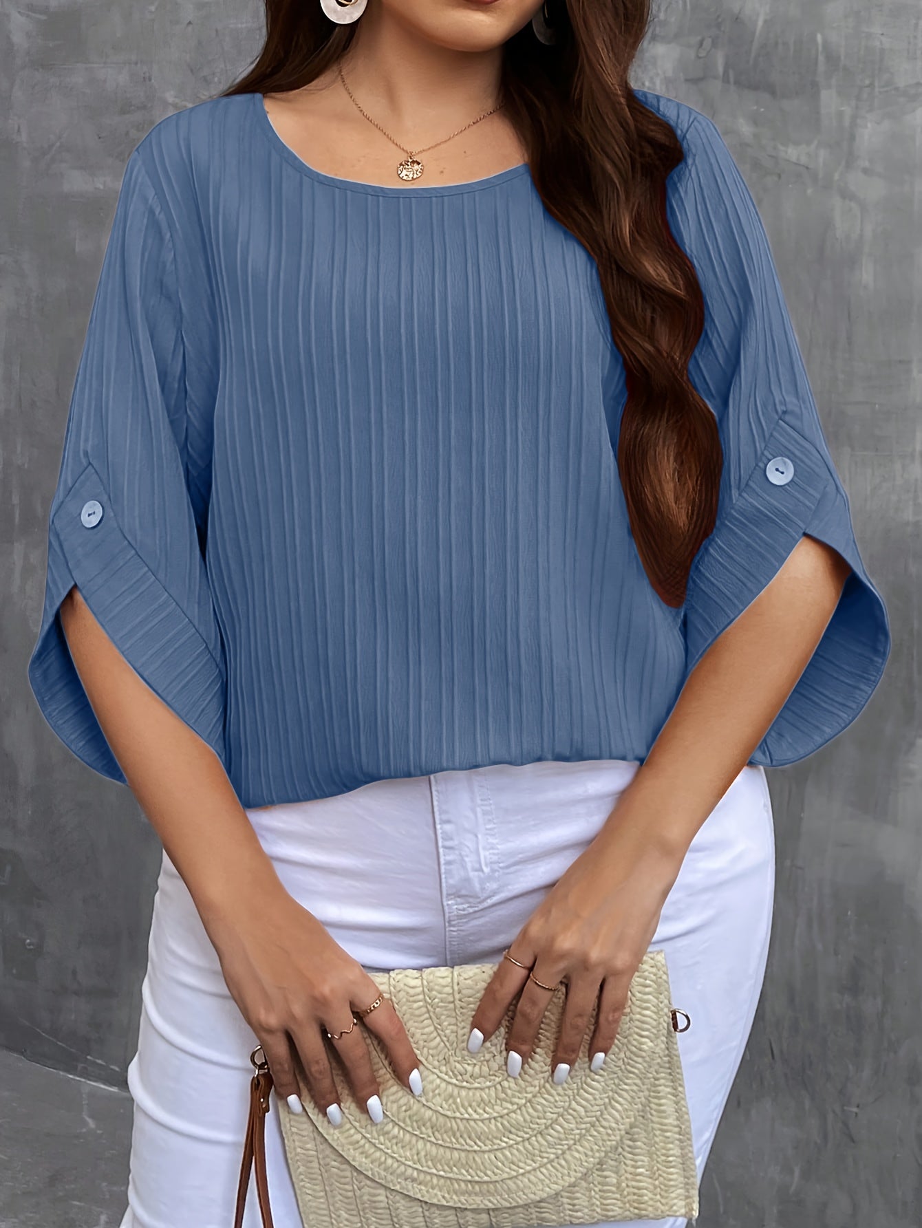 Plus Size Women's Green Button-Up Blouse Casual Short Sleeve Ruched Lightweight Polyester