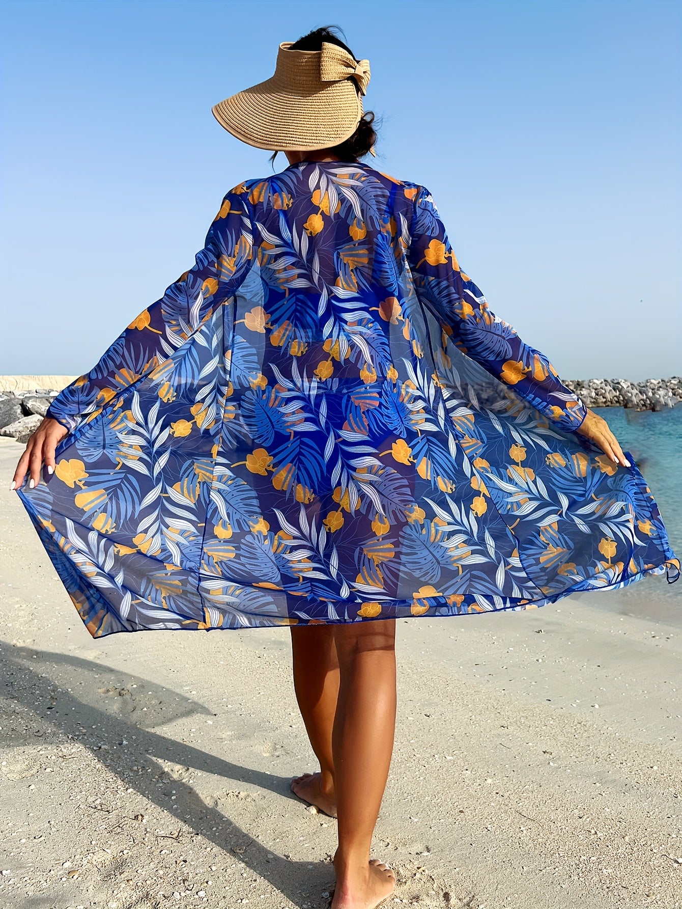Women's Tropical Plant Print Beach Cover-Up Set with Sun Protection and Removable Padding