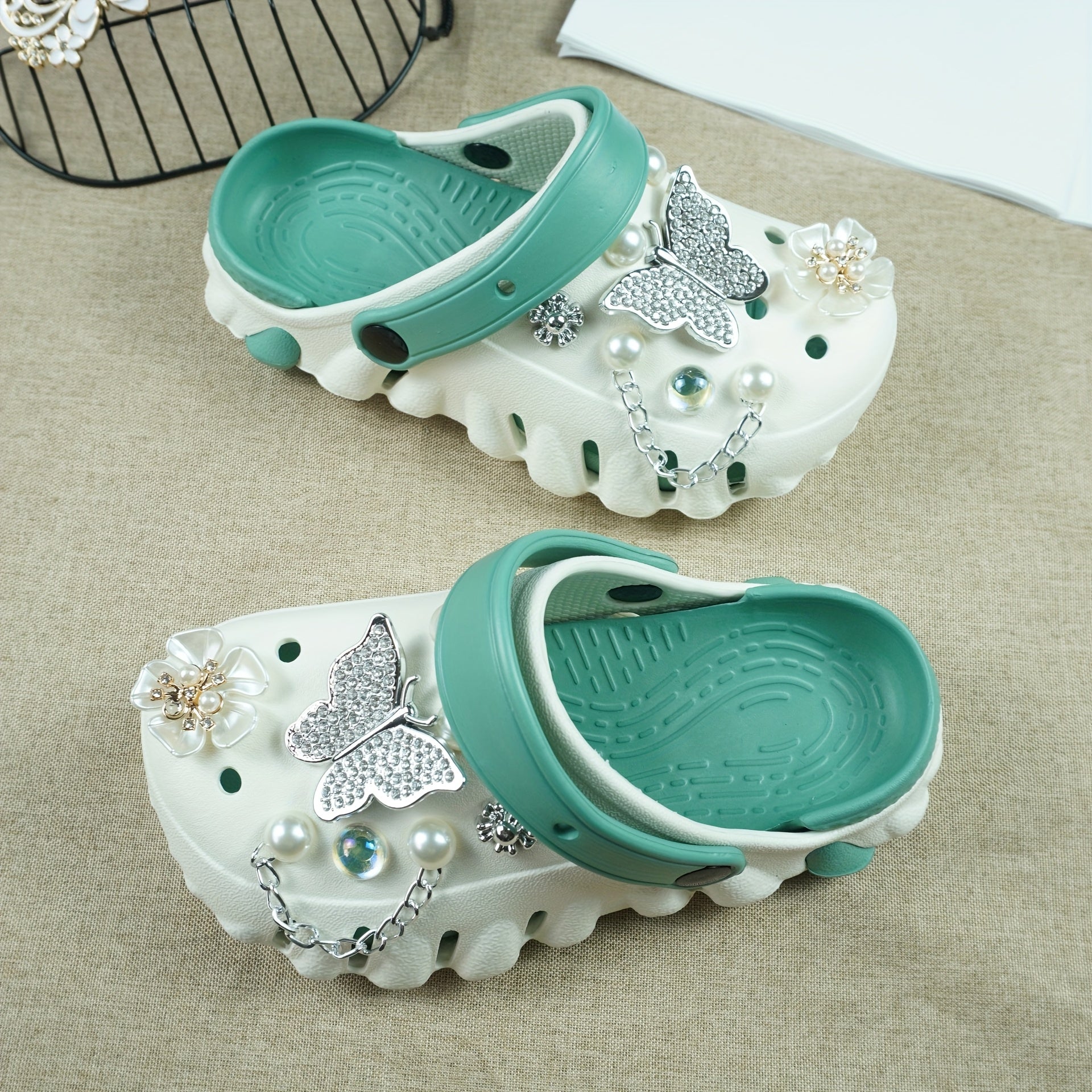 Women's Color-Block EVA Clogs with Rhinestone Butterfly and Flower Charms