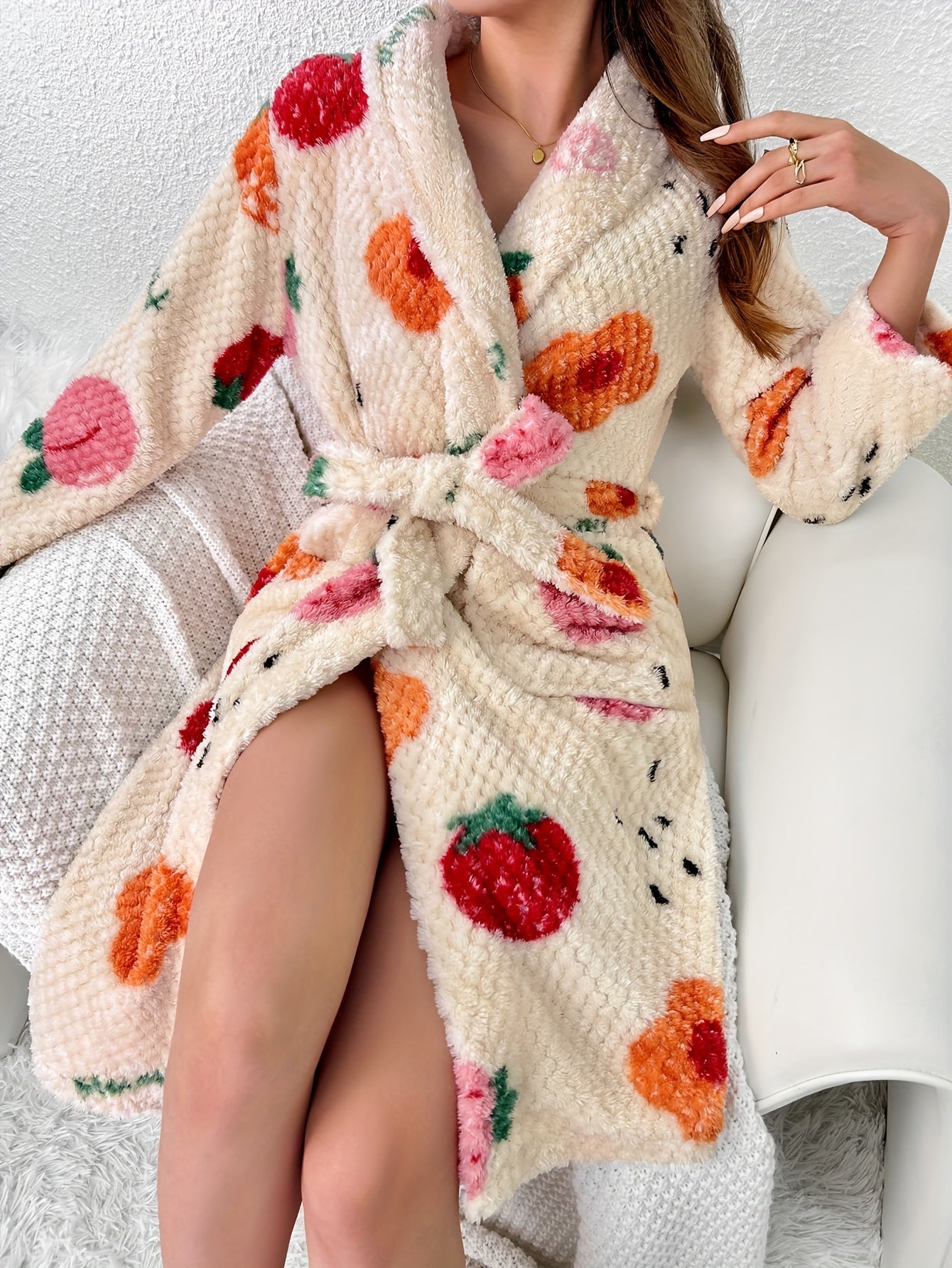 bata de franela para mujer con estampado de frutas, de manga larga, ropa de descanso acogedora para invierno
