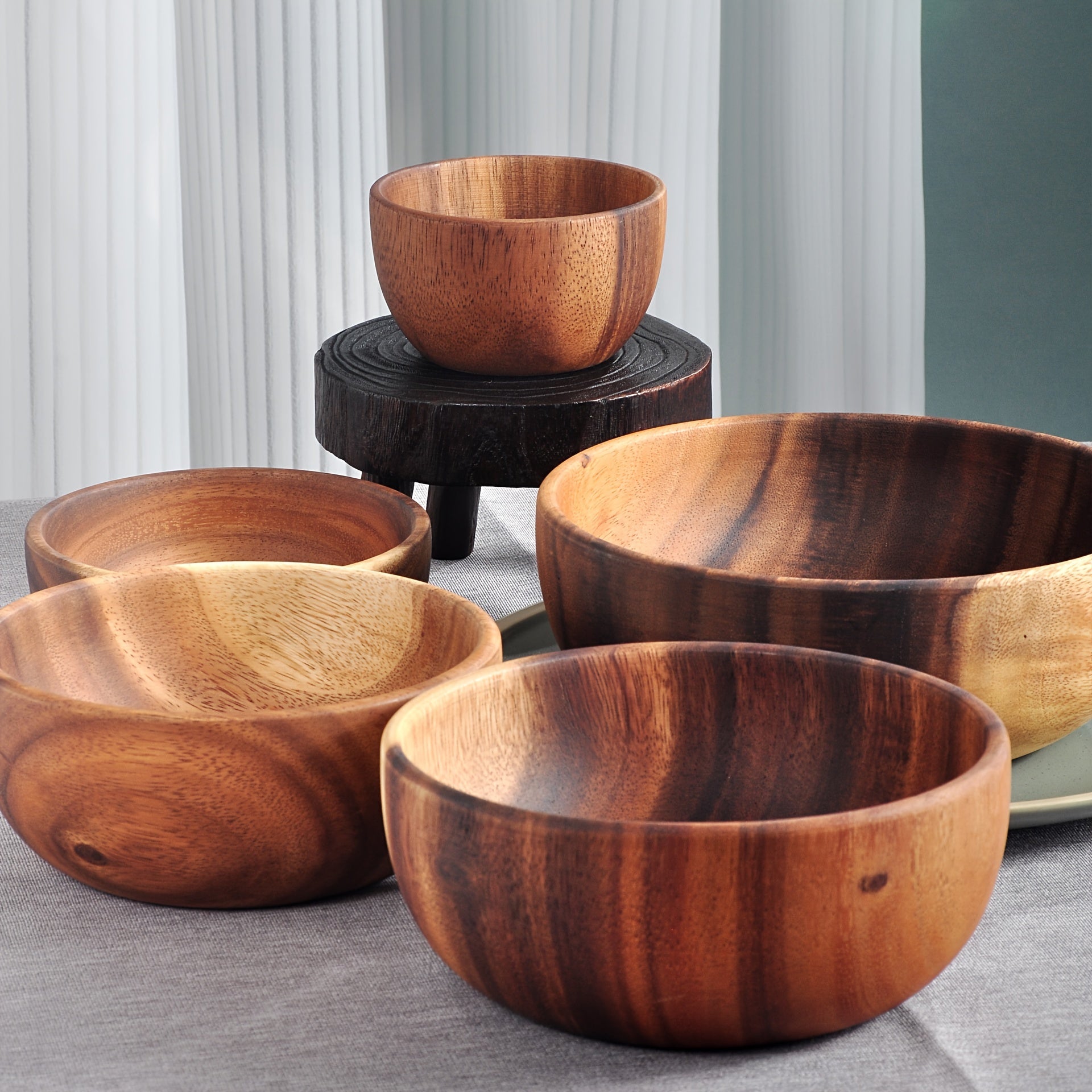 Set of 2 Acacia Wood Salad Bowls for Serving Fruit, Kitchen, Picnic, Camping