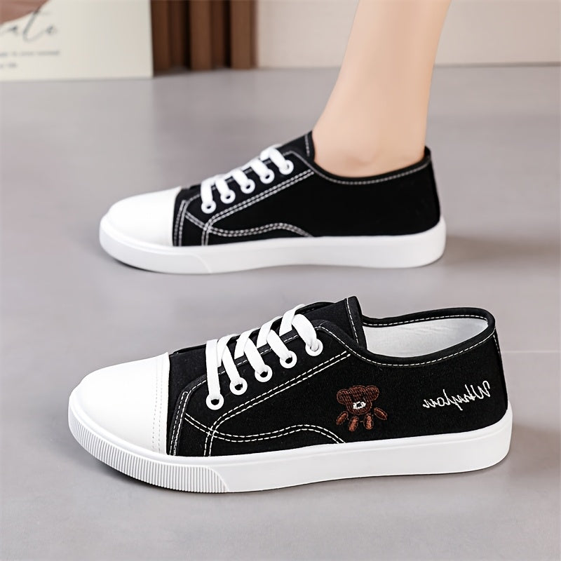 Women's Black White Cartoon Bear Lace-Up Sneakers Low-Top Casual Shoes