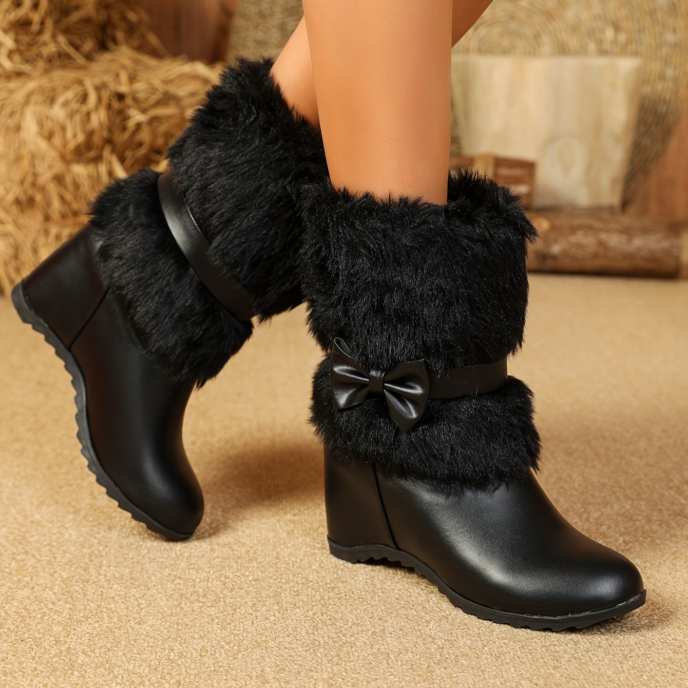 Women's Plush Winter Boots - Slip-On Mid-Calf Riding Shoes with Thick Sole