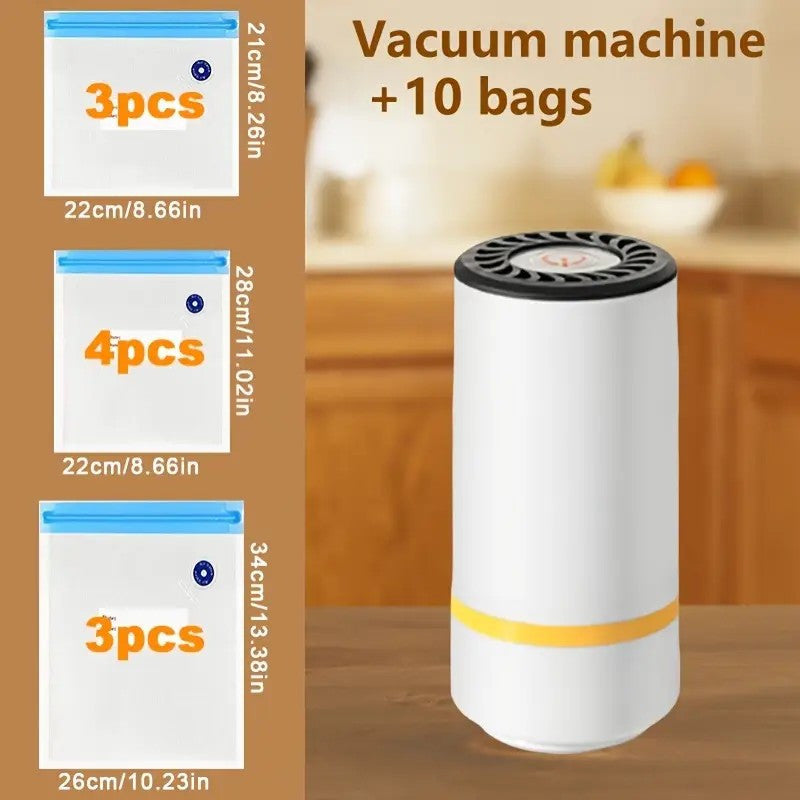 Портативный ручной вакуумный упаковщик для хранения продуктов с функцией перезарядки через USB. В комплект входят 3 размера вакуумных пакетов для свежего и влагонепроницаемого хранения. Идеально подходит для приготовления при низких температурах.