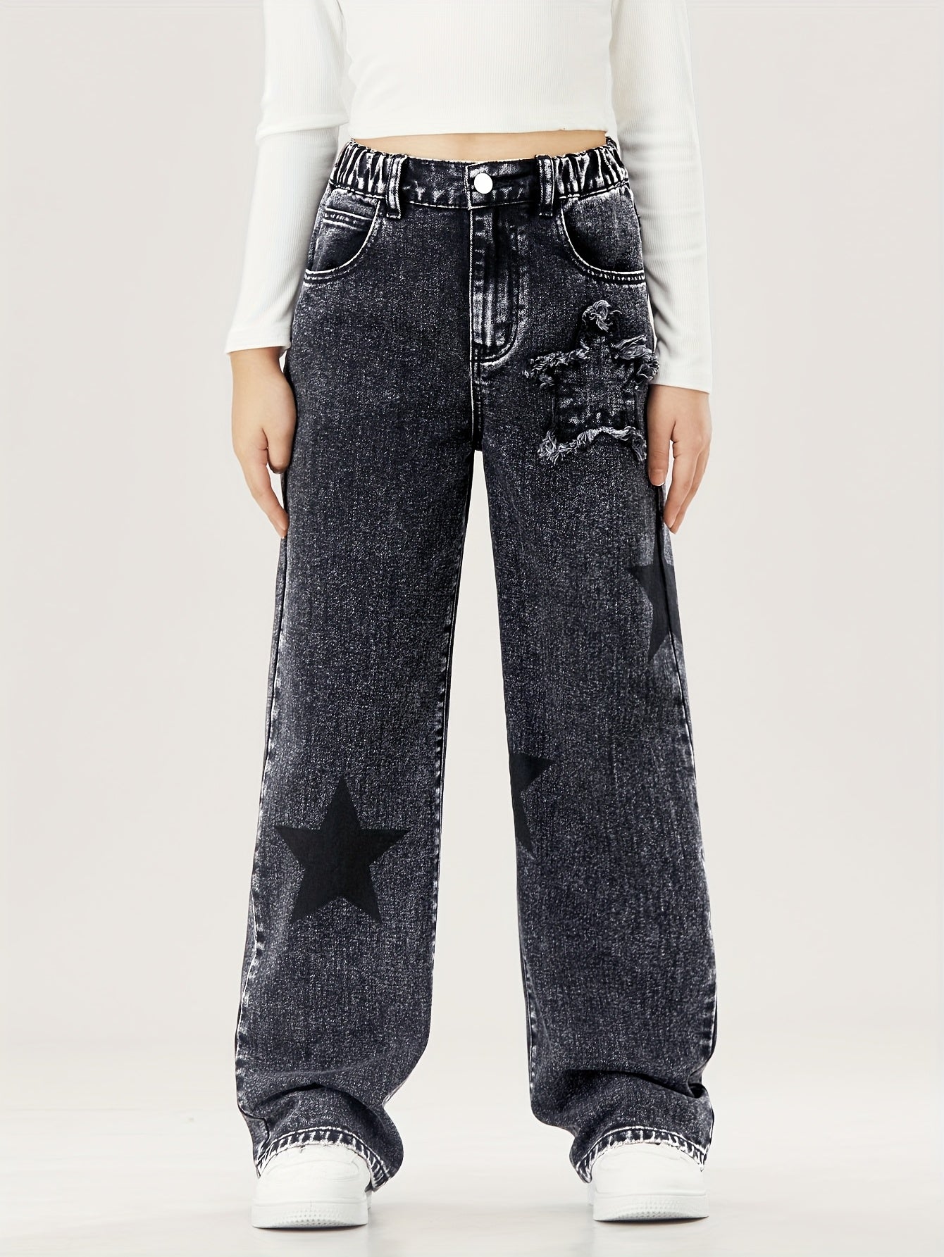 Kids' Wide-Leg Denim Jeans with Star Pattern Elastic Waist Non-Stretch Cotton