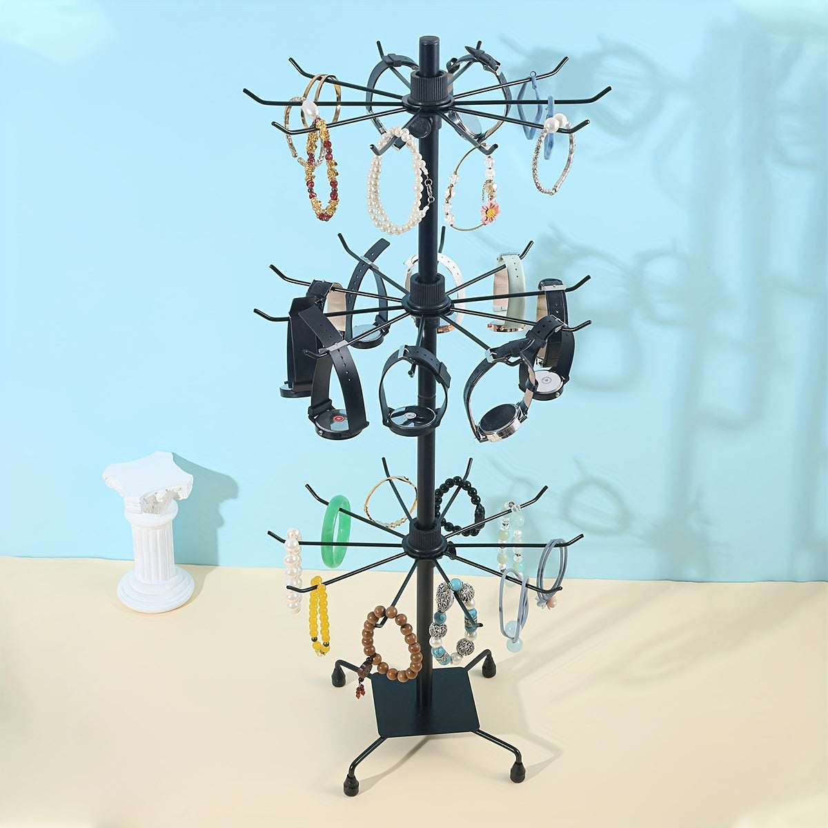 Металлическая вешалка для украшений с тремя вращающимися слоями для хранения ожерелий, серег, колец
