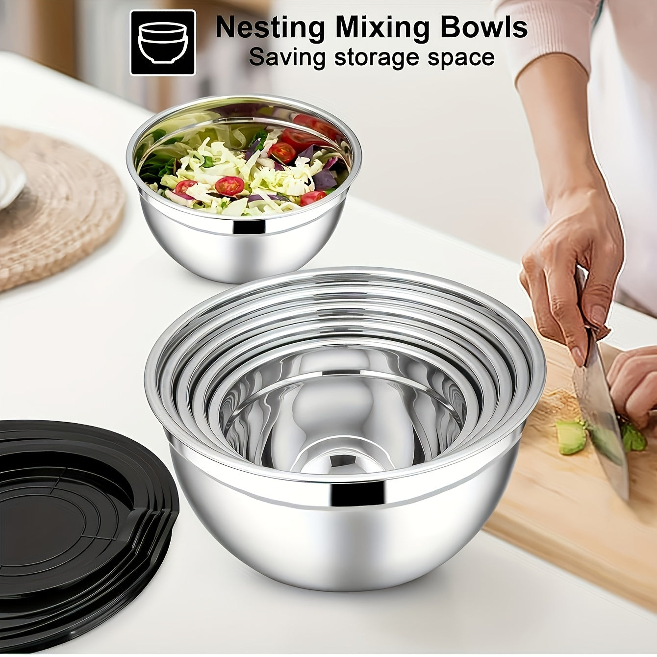 Set of 7 Stainless Steel Mixing Bowls with Black Lids and Flossing Tools