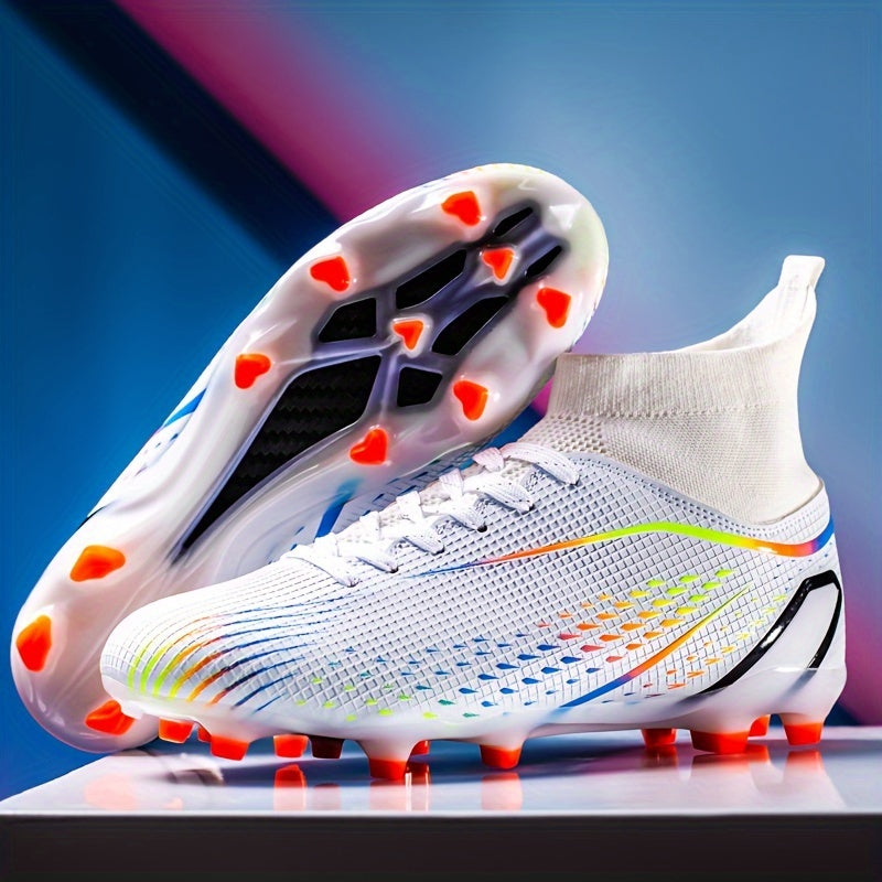 Mustahkam turkuaz va apelsin rangidagi futbol to'pi uchun poyabzal, yuqori ushlash uchun TPU poyalar, nafas oladigan astar va EVA yostiqchasi bilan. O'g'il va qizlar uchun mashg'ulotlar va o'yinlar, raqobatbardosh futbol uchun mukammal.