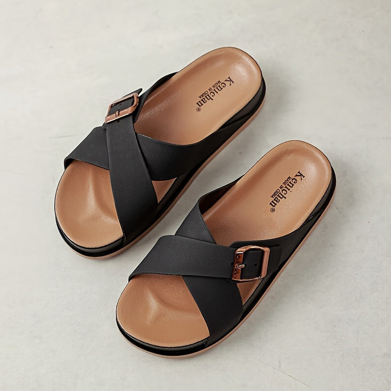 Women's Casual Slide Sandals Mid-Heel Cross Strap Open Toe Brown Black