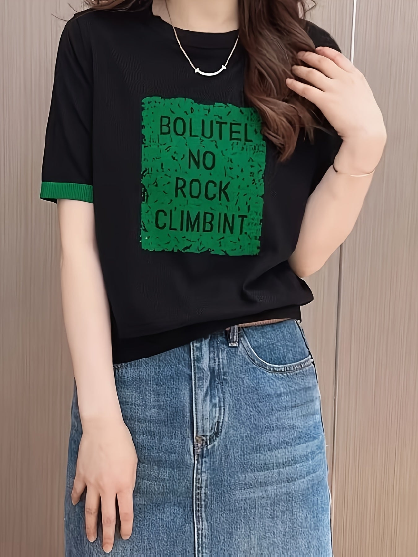Plus Size Women's Summer Casual Short Sleeve Top Black Green Lettering Breathable Stretchy