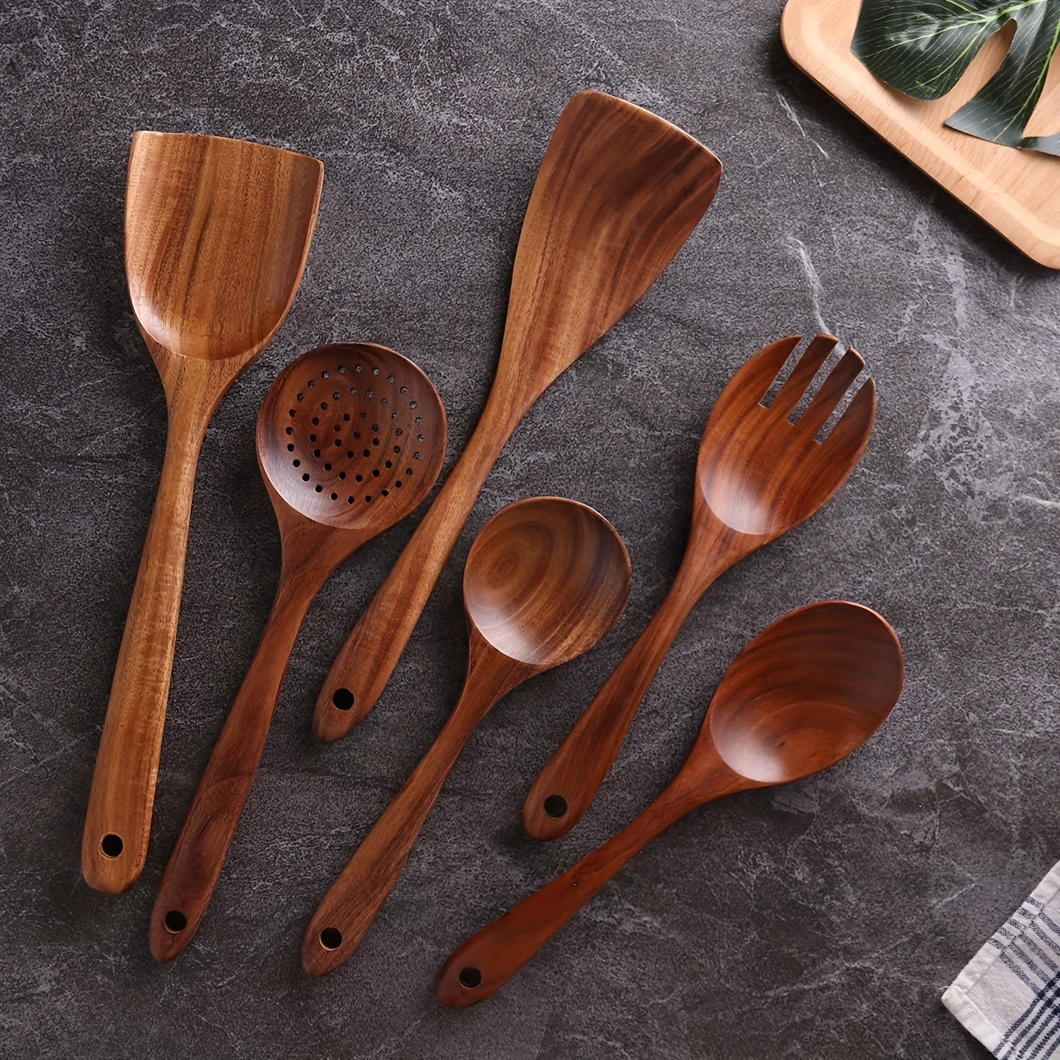 Juego de 7 utensilios de cocina de madera antiadherentes en cubo de almacenamiento con espátula, cuchara y más