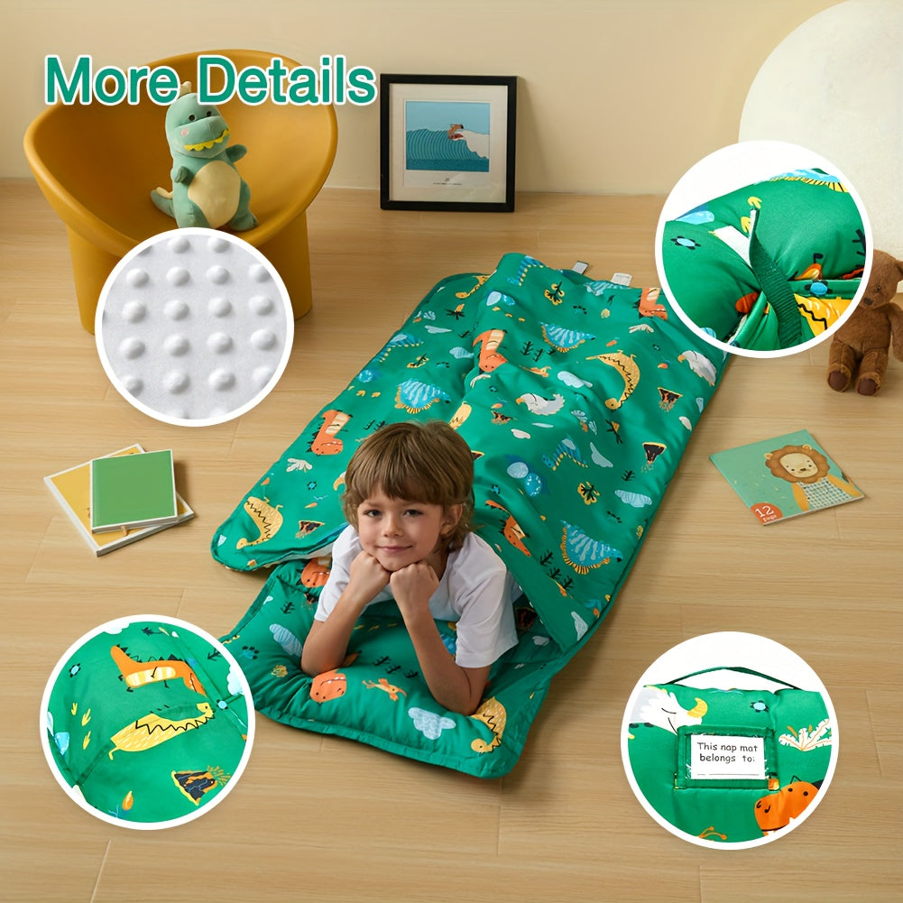 Alfombrilla de dinosaurio con almohada y manta para niños de 3 a 6 años, poliéster, plegable, portátil