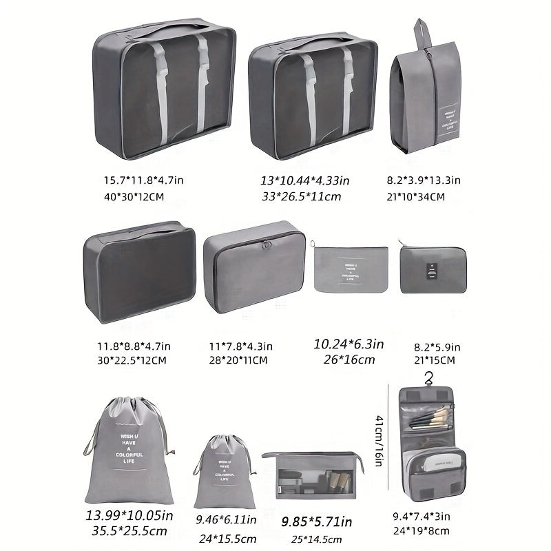 11-Piece Nylon Hanging Cosmetic Bag Set for Travel Organization with Mesh Compartments