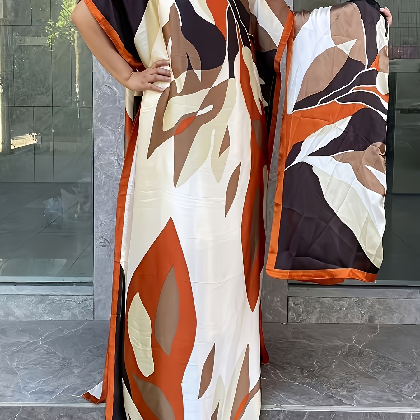 Women's Plus Size Floral Print Longline Dress with Scarf Casual Summer Holiday