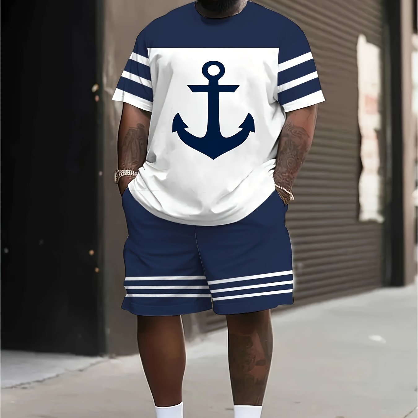 Plus Size Men's Anchor Pattern Print T-shirt and Shorts Set for Summer Outdoor Sports