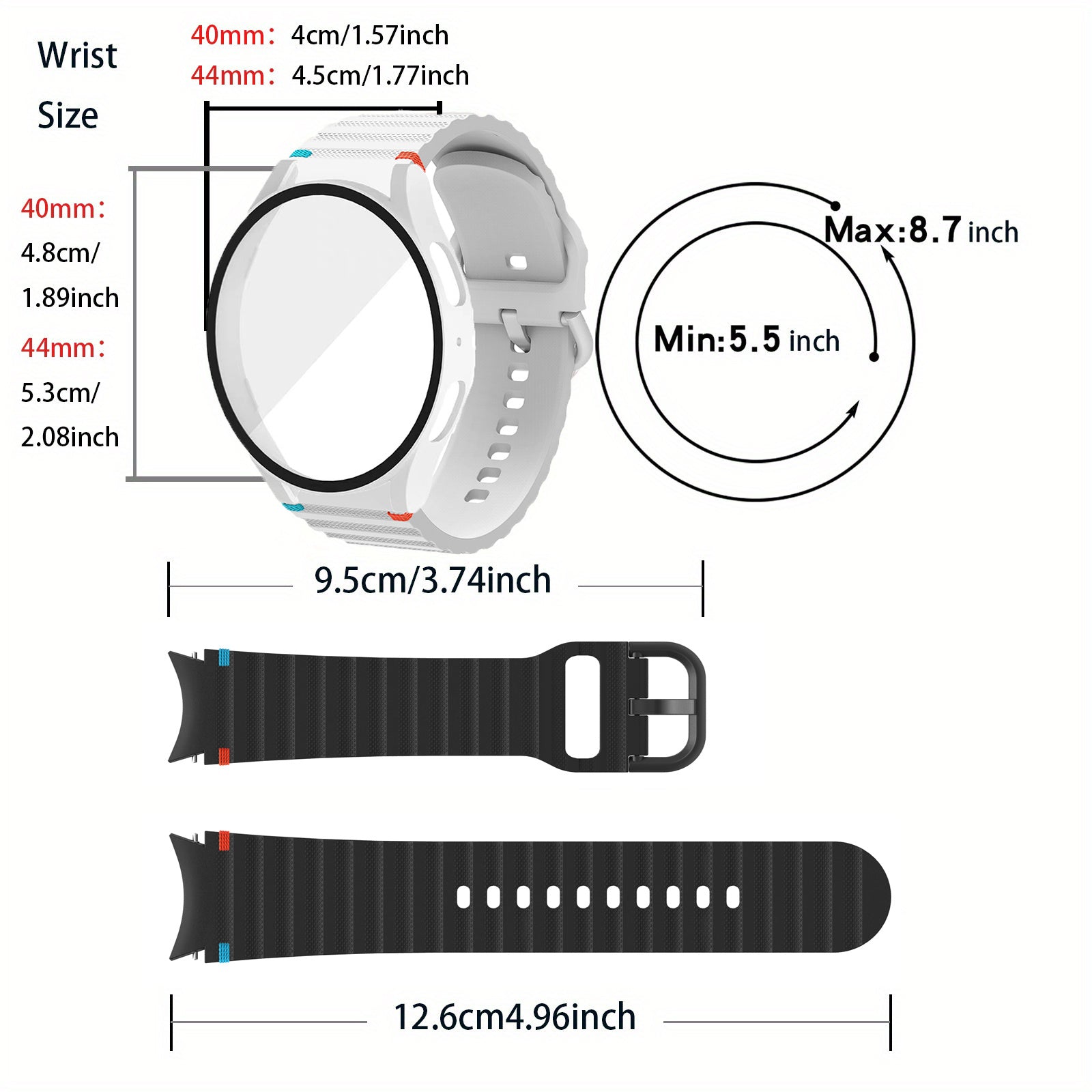 1 шт. Силиконовый спортивный ремешок с волнистым швом и закаленным стеклом защитный чехол для Samsung Galaxy Watch 7/FE/6/5/4 (44 мм/40 мм) - противоударный, устойчивый к царапинам, прочный ремешок