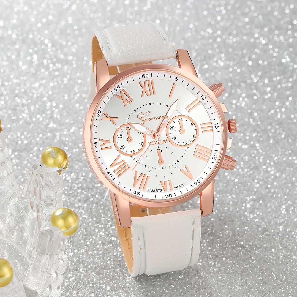 Set of 5 White Quartz Watches with PU Leather Straps and Rhinestone Jewelry for Women