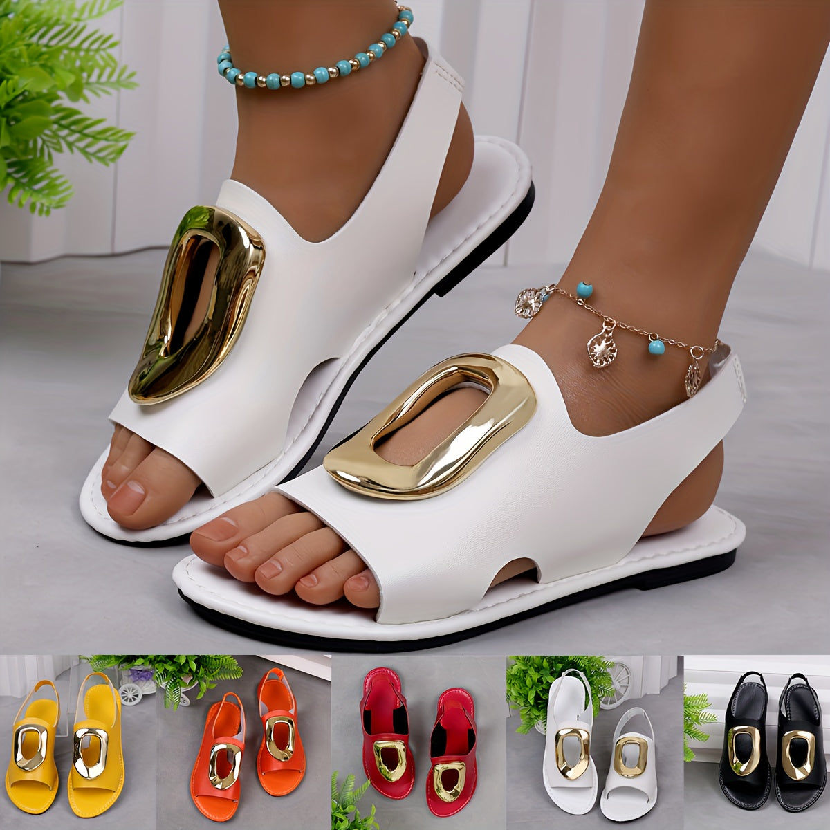 Lightweight Solid Color Sandals with Metallic Buckle Ankle Strap for Women