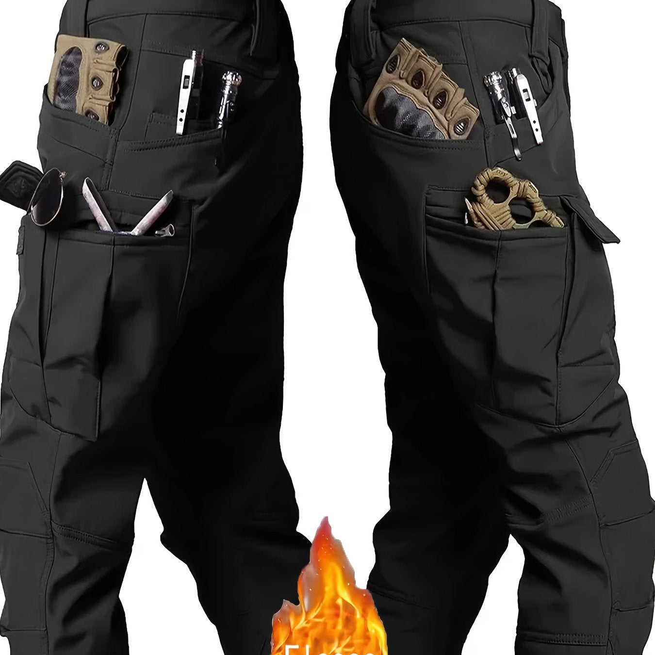 Pantalones tácticos con forro de felpa para hombres, a prueba de viento, de corte holgado, de tela suave, color verde oliva, poliéster y spandex