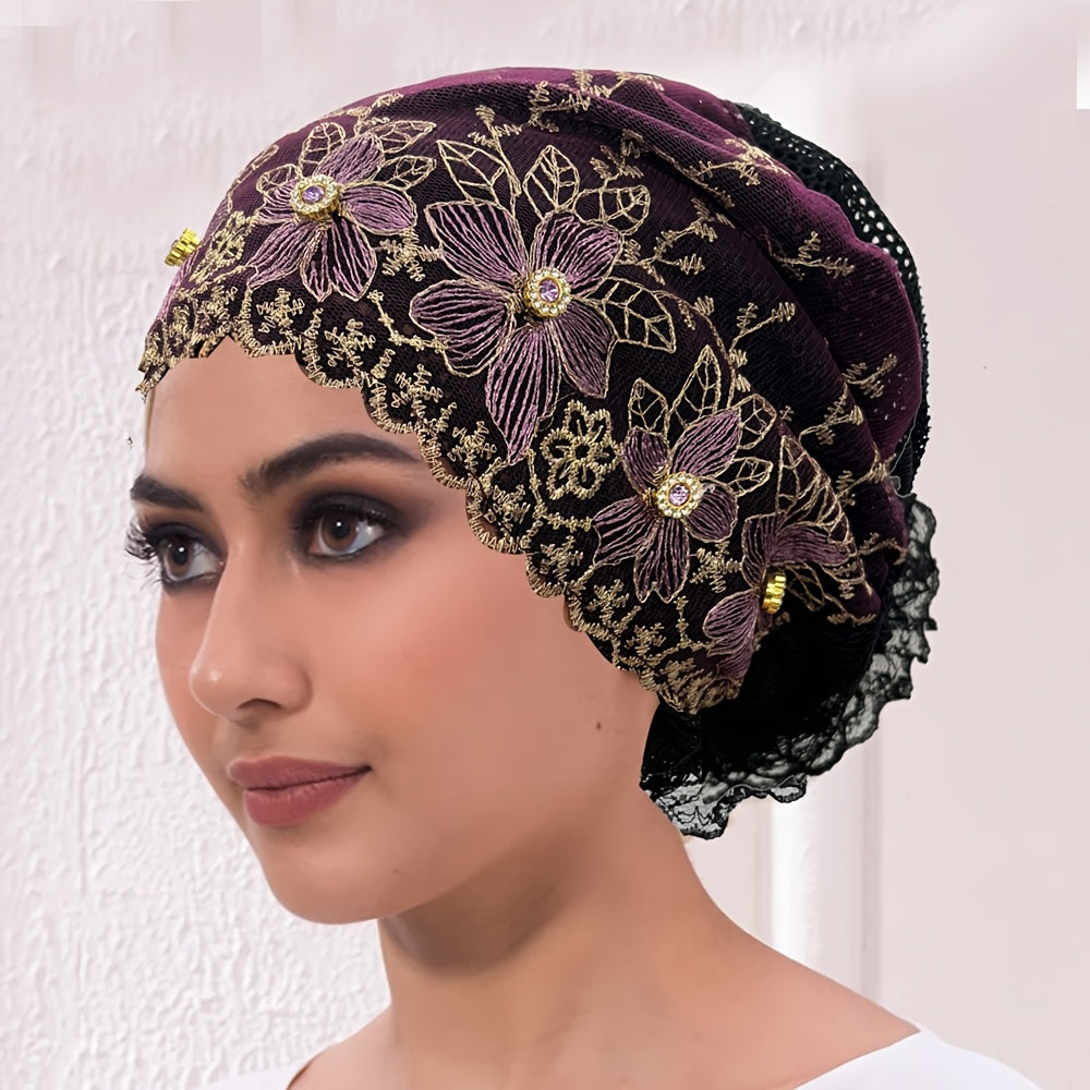 Women's Polyester Turban Hat with Rhinestones Breathable Summer Headscarf for Chemo Patients