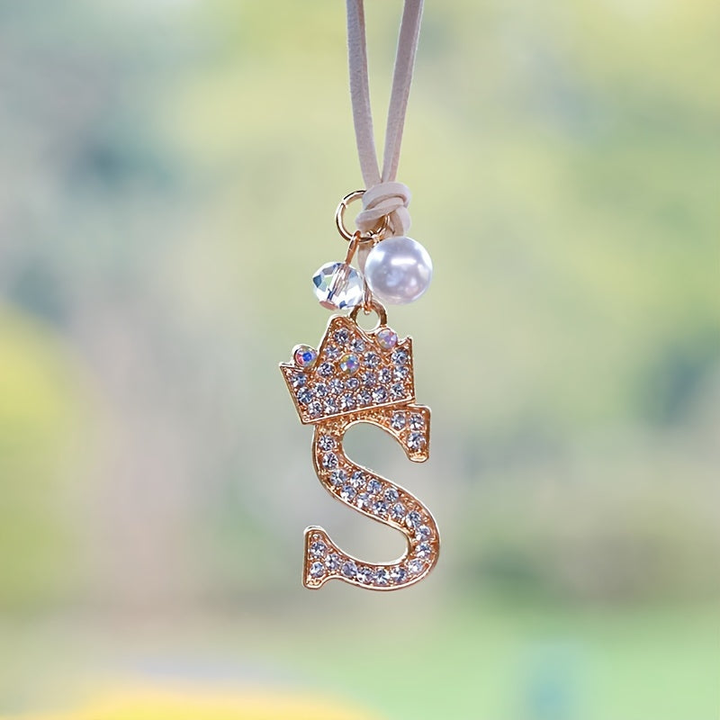 Alphabet Car Mirror Charm Set with Sparkling Crown Pendants for Vehicle Decoration