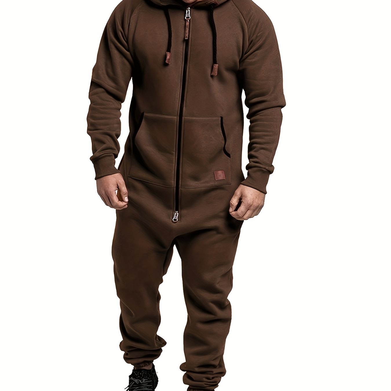 Men's Winter Pajama Jumpsuit Solid Long Sleeve Knit Polyester Hooded Pockets Comfortable Lounge Wear