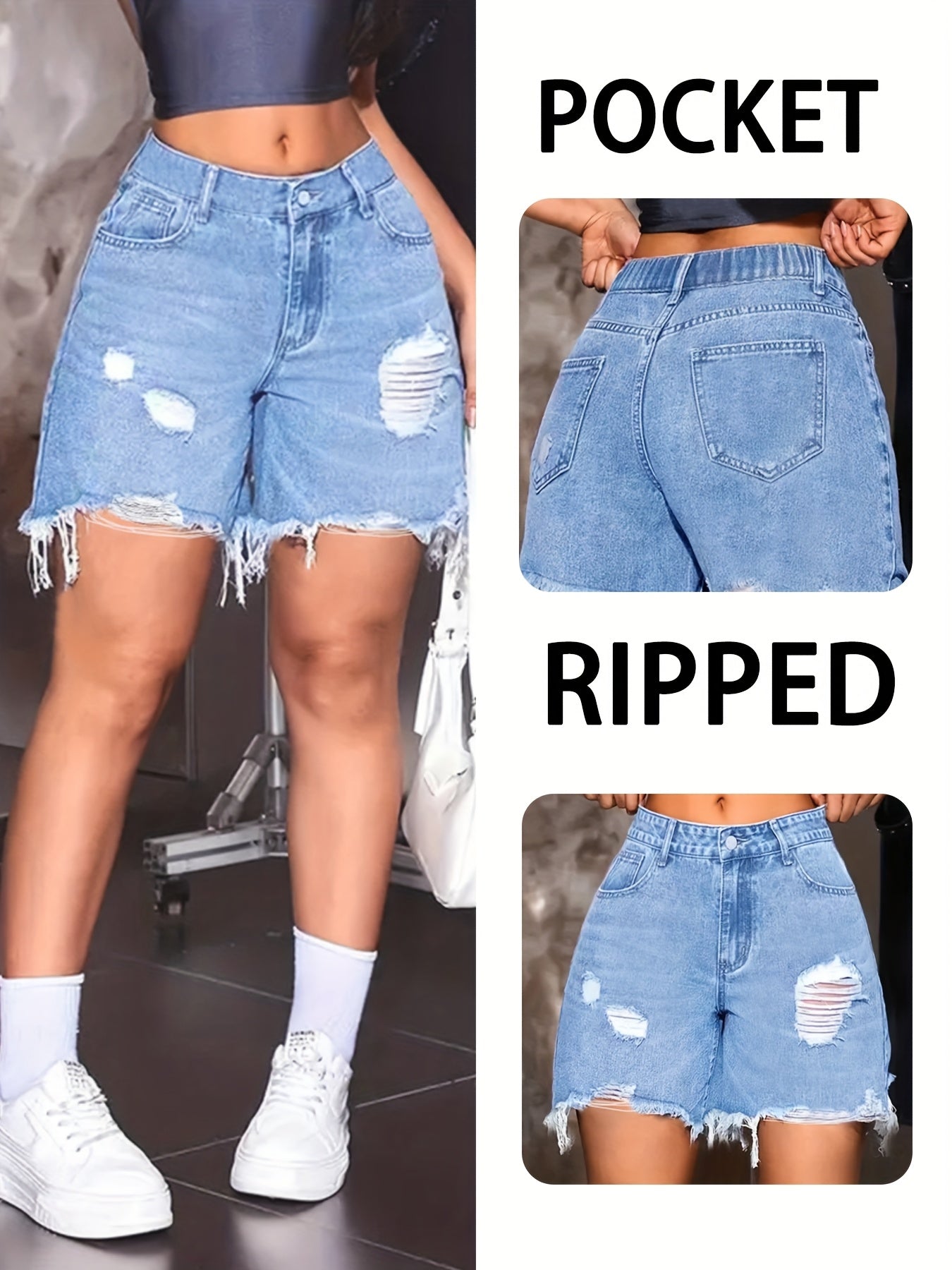 Women's Plus Size Distressed Denim Shorts High-Waisted Light Blue Casual Summer