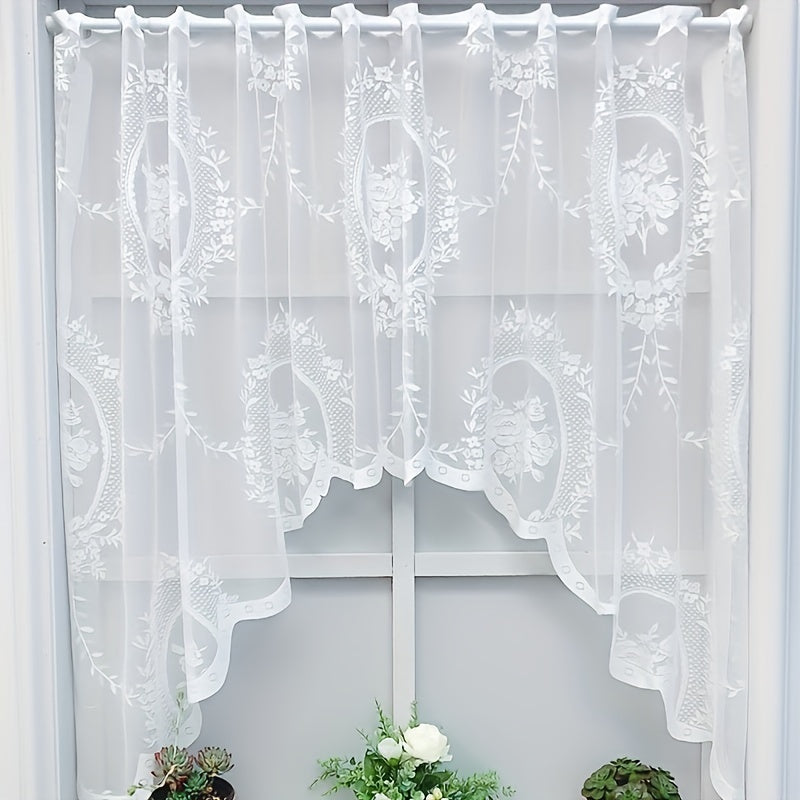 American Country Style Sheer Curtain with Floral Lace Half-Curtain Rod Pocket Semi-Transparent Polyester for Kitchen and Living Room