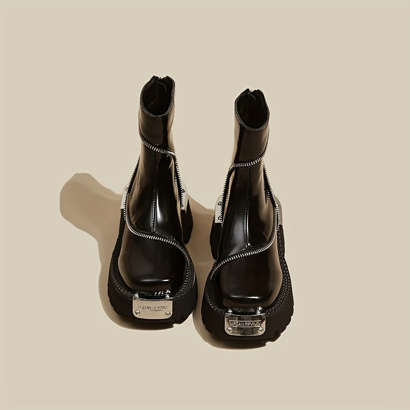 Women's Chunky Platform Boots Synthetic Black Slip-Resistant Zipper