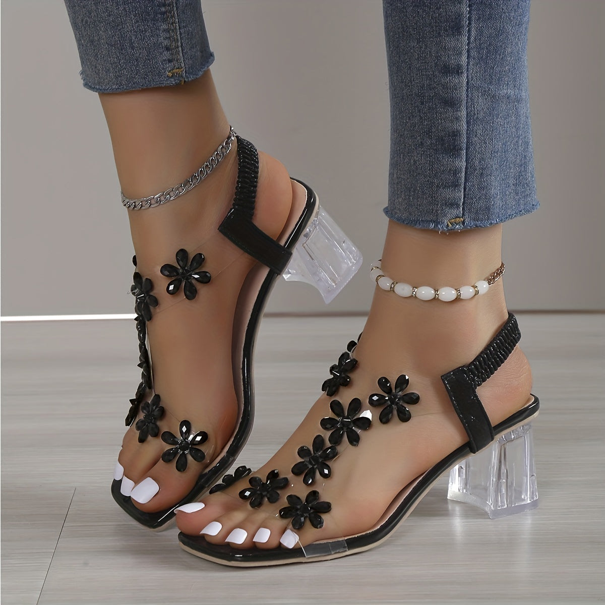 Women's Floral Block Heel Sandals with Pearl Accents All-Season Open Toe Ankle Strap