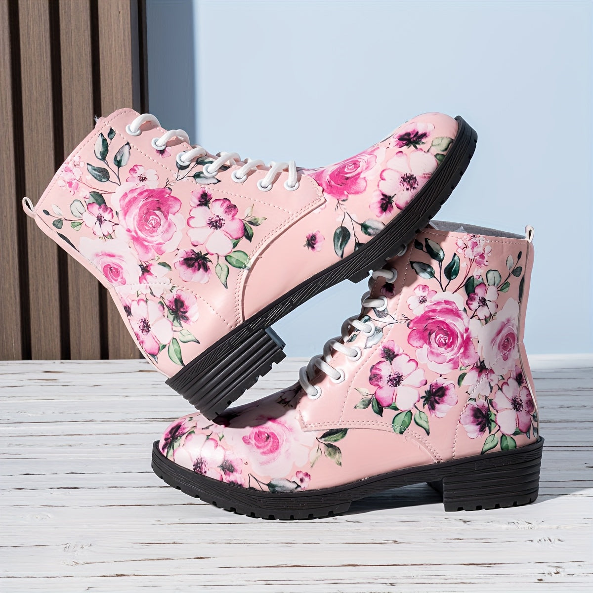 Women's Floral Print Mid-Calf Lace-Up Boots with Open Toe and Wide Width