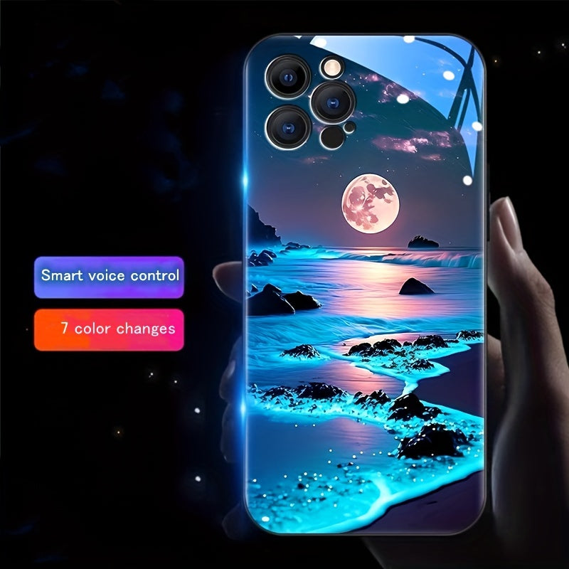 Luminous Smart Voice Control Phone Case for Samsung iPhone with Landscape Design and Tempered Glass