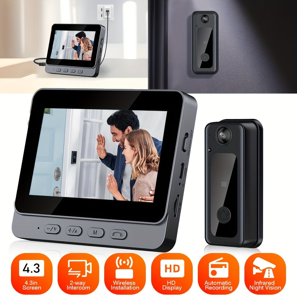 Oddiy Aqlli Esik Qong'irog'i To'plami HD Kamera, Ichki Monitor, Tungi Ko'rish, Qayta Zaryadlanadigan Batareya - Qariyalar uchun Ideal.