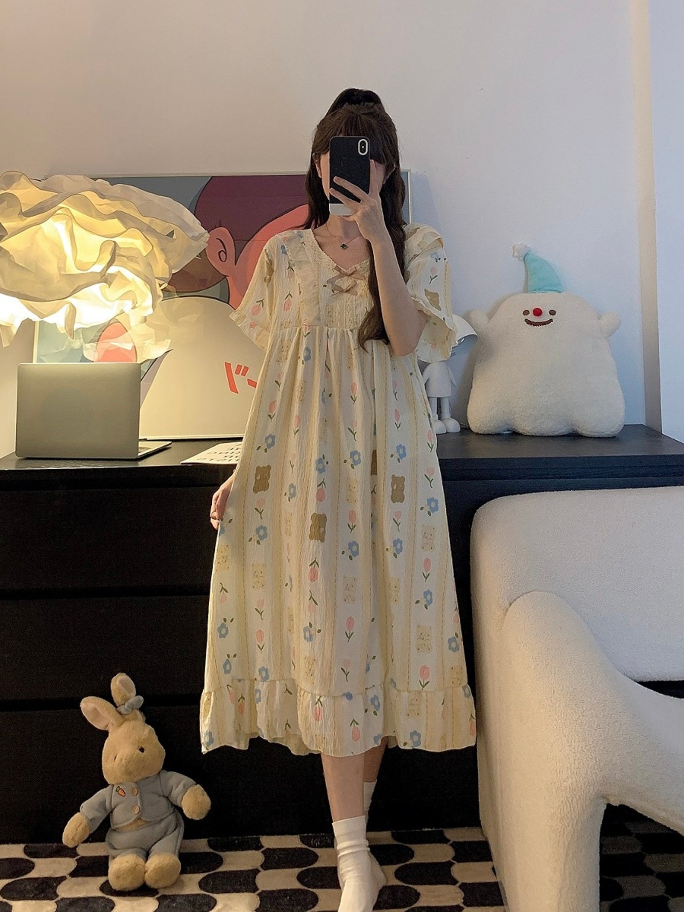 Plus Size Slit-Fit Nightgown with V-Neck Cotton Pajama with Bear Print