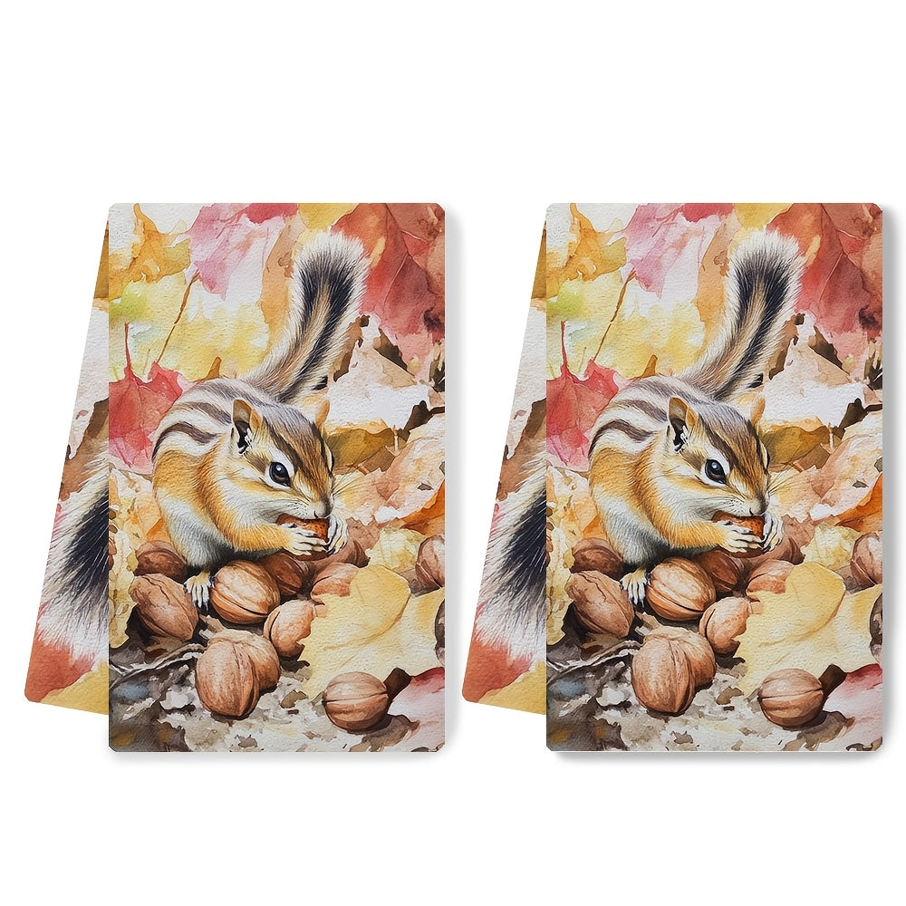 Set of 2 Ultra Soft Kitchen Towels with Chipmunk and Autumn Nuts Design, 40x60 cm