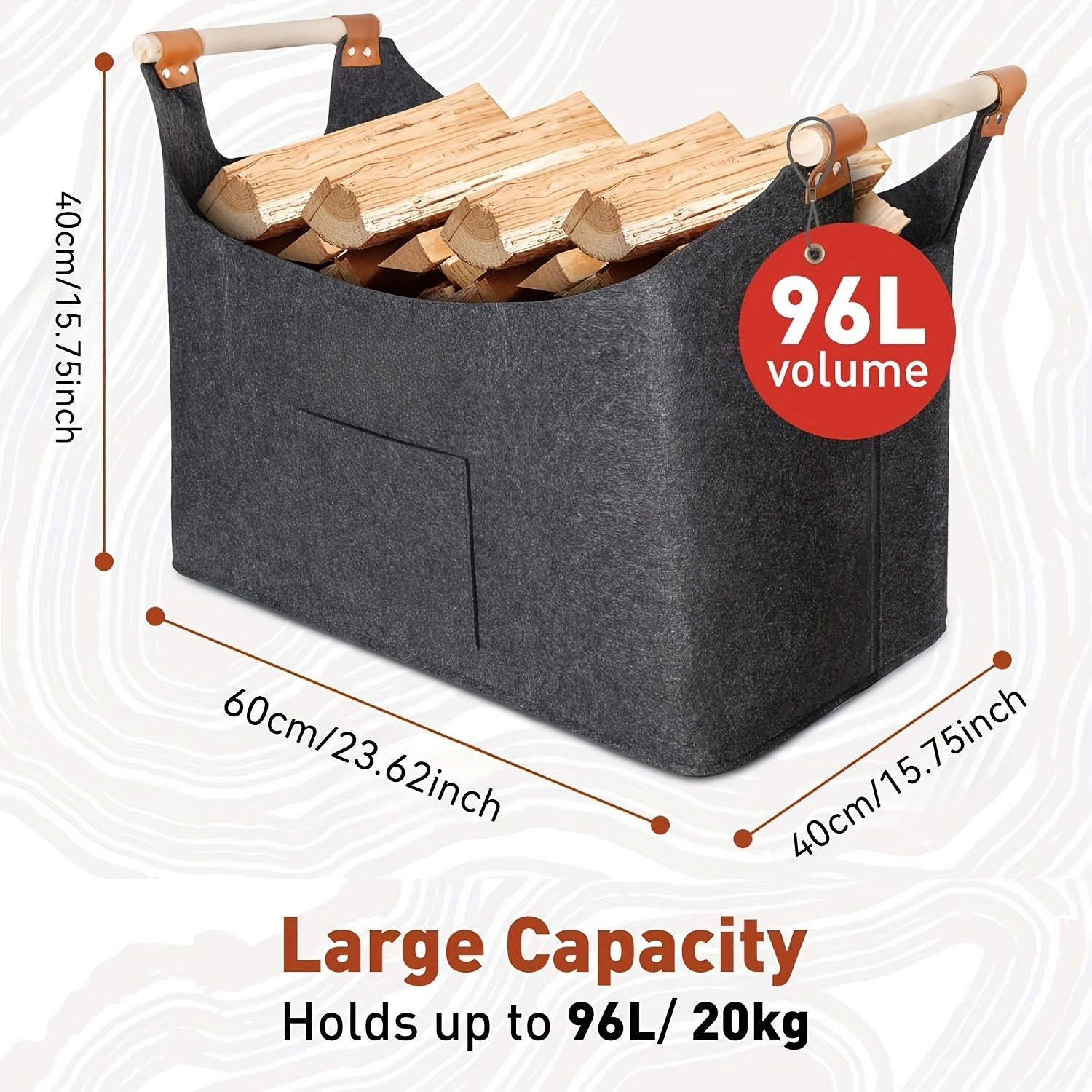Gran cesta de madera de fieltro de 55L a 96L, plegable, gris profundo, para uso en interiores