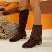 Women’s Knee-High Boots Leather Pointed Toe Chunky Heel Brown Casual Formal